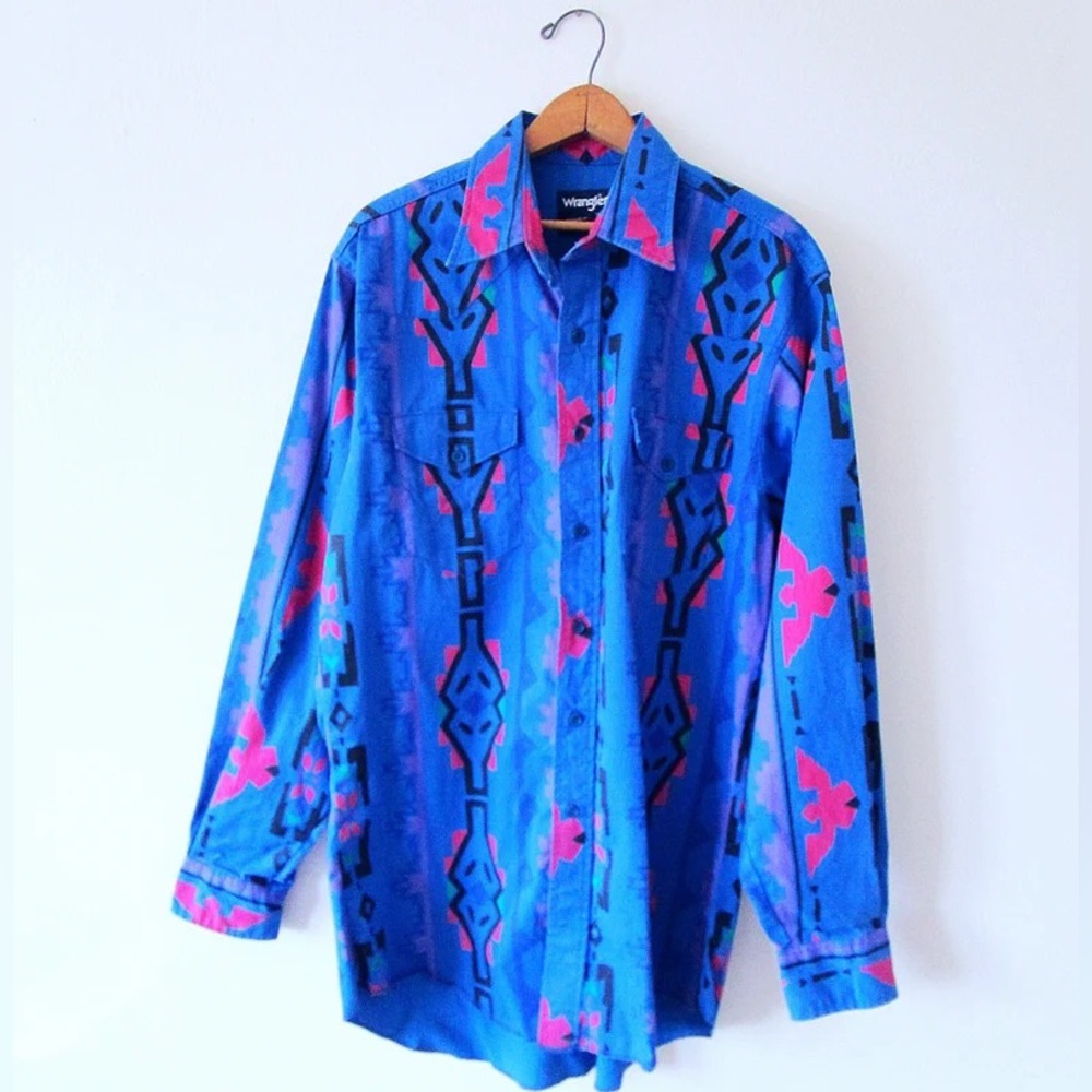 Vintage 1990’s WRANGLER Aztec Colorful THUNDERBIRD Print Western Button Down